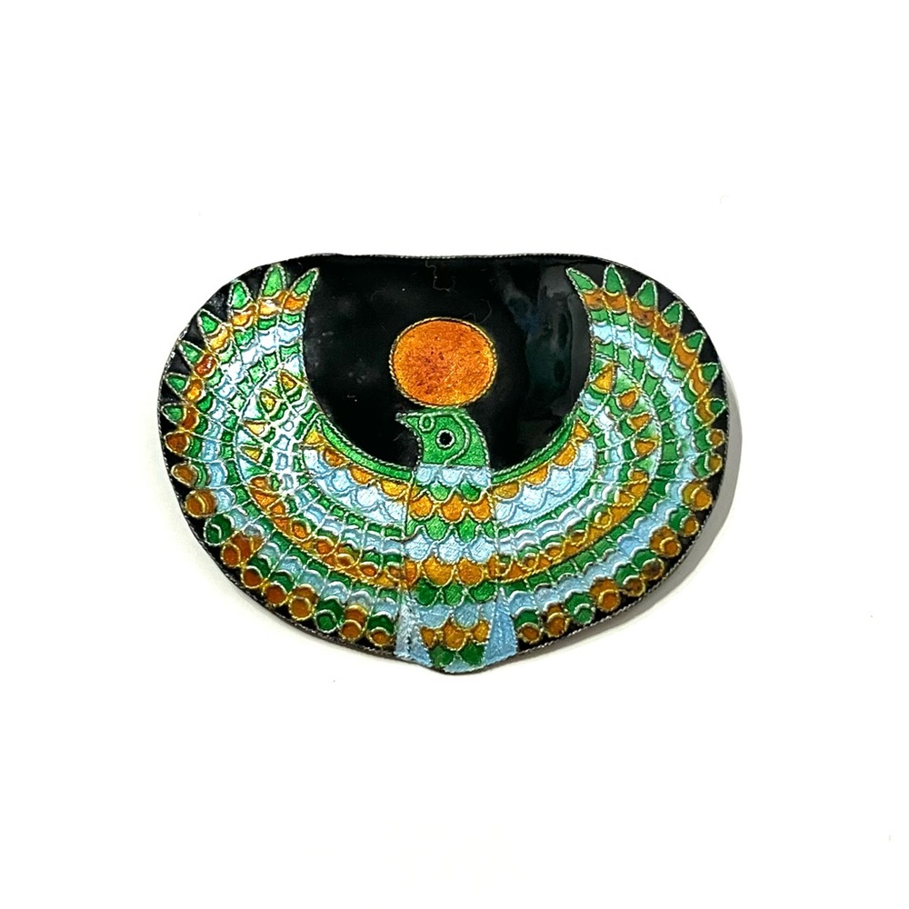 Egyptian Revival Eagle Cloisonné Enamel Silver Brooch Pendanz